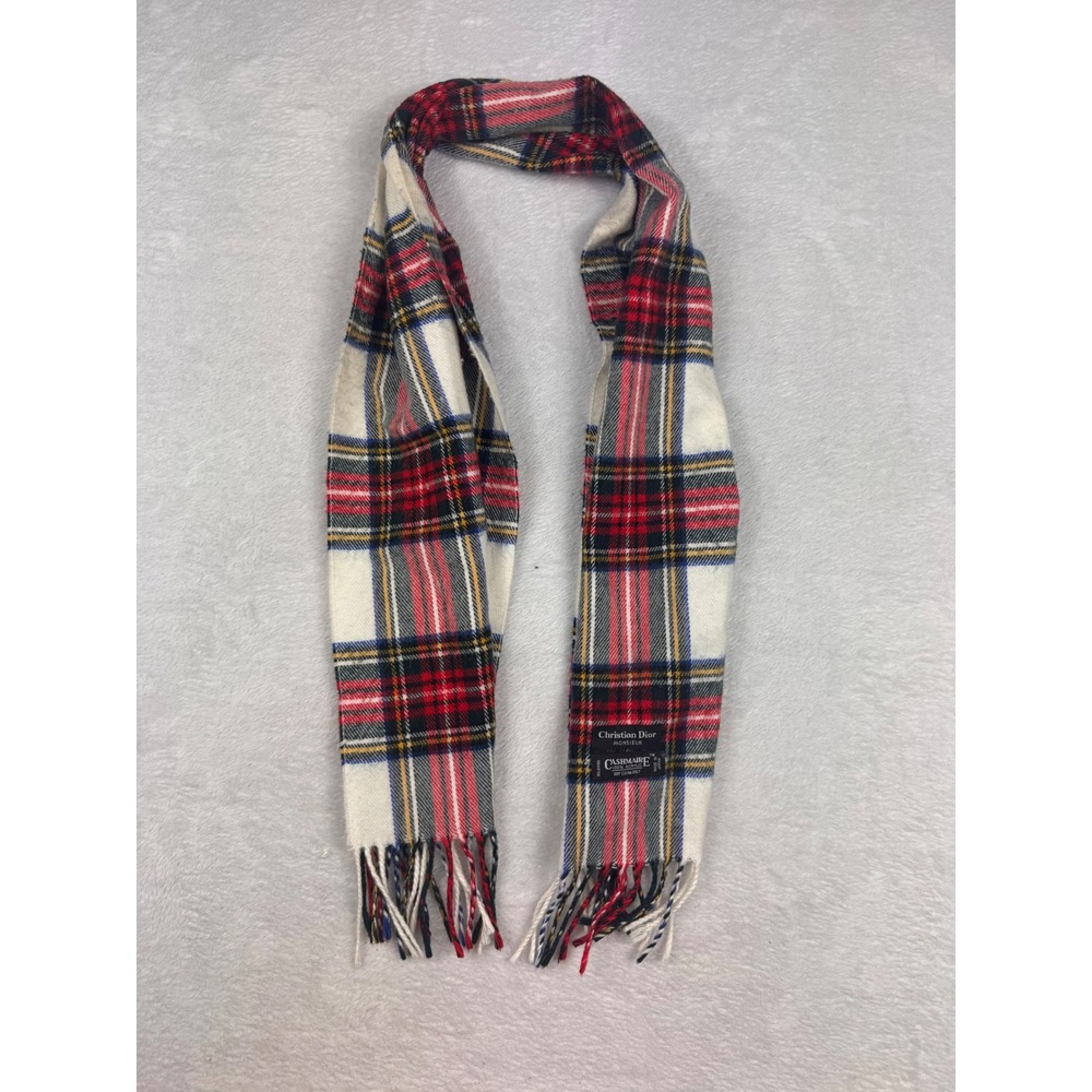 Christian Dior Monsieur Scarf Red White Plaid Cashmaire Acrylic Vintage Japan